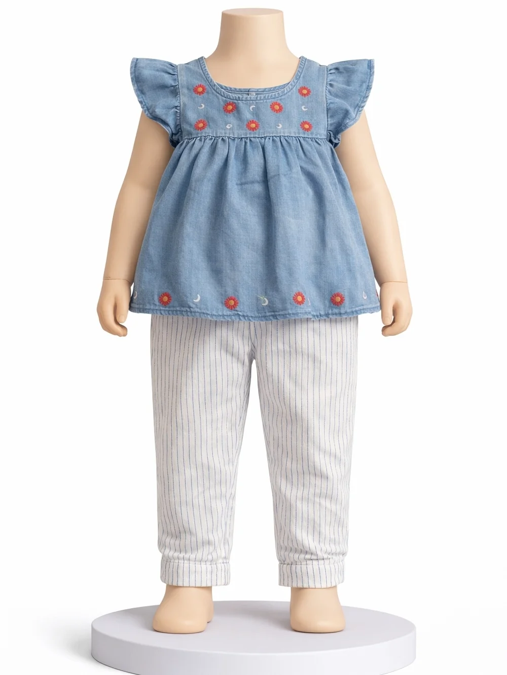 OshKosh B'gosh Light Blue Chambray Floral-Embroidered Top and Striped Pants Set